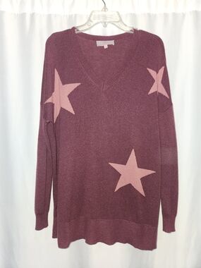 Laurie Felt Mauve-Pink Star V-Neck Sweater Size  M #two tone #festive #casual
